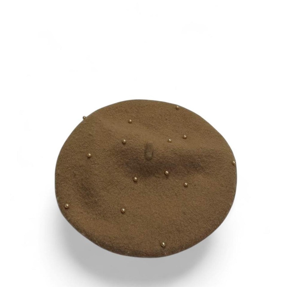 David and Young Camel Brown 100% Wool Beret Hat Gold Stud Accents Coquette